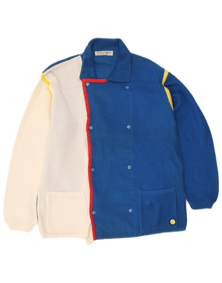 Vintage Mens Cardigan Sweater Large Blue Colourblock Cotton
