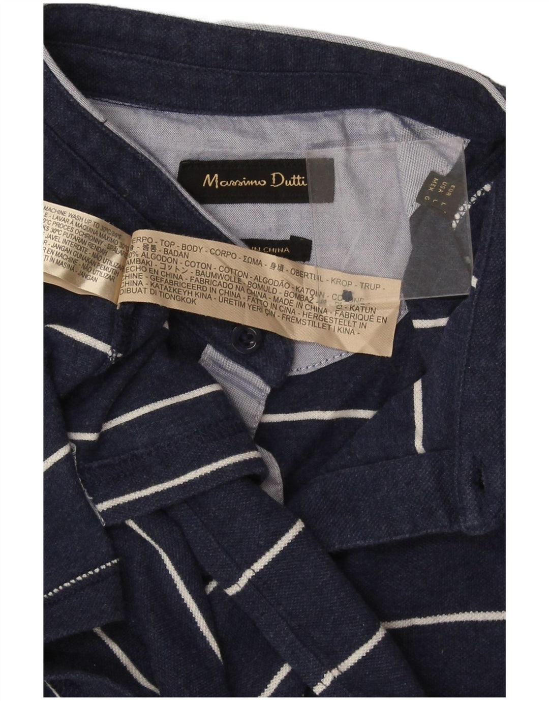 Massimo Dutti Mens Polo Shirt Large Navy Blue Striped Cotton