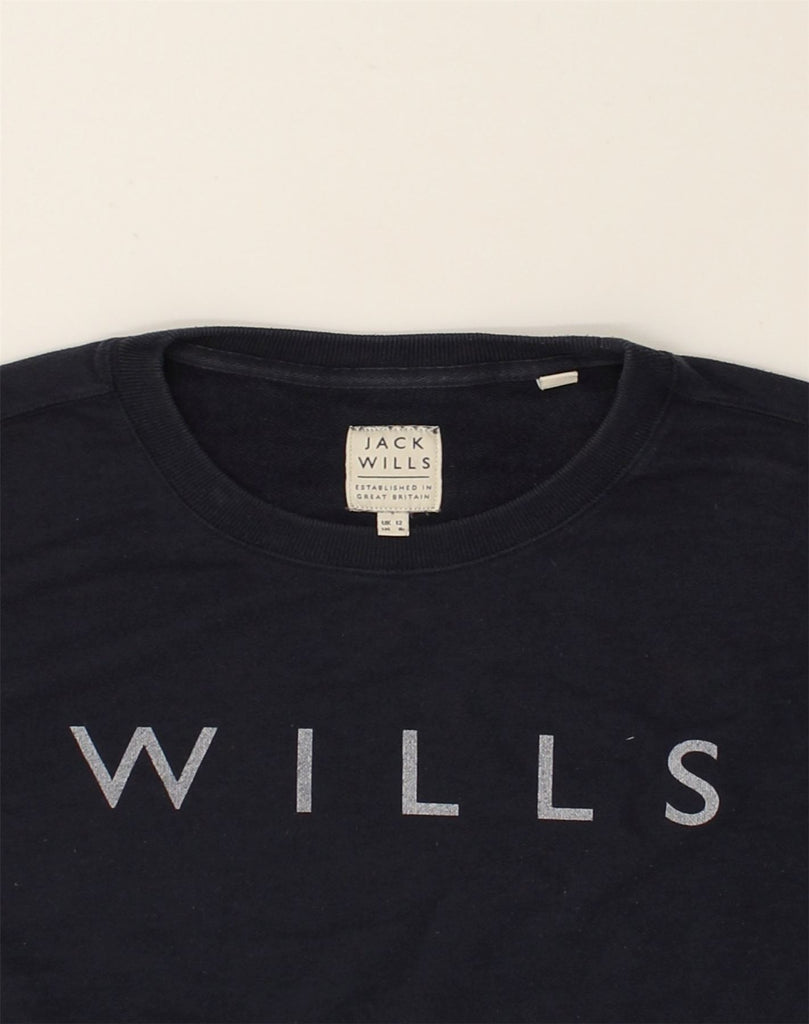 JACK WILLS Womens Graphic Sweatshirt Jumper UK 12 Medium  Navy Blue Cotton | Vintage Jack Wills | Thrift | Second-Hand Jack Wills | Used Clothing | Messina Hembry 