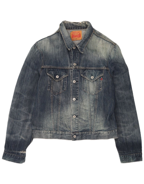 Replay Mens Acid Wash Distressed Denim Jacket UK 44 2XL Blue Cotton