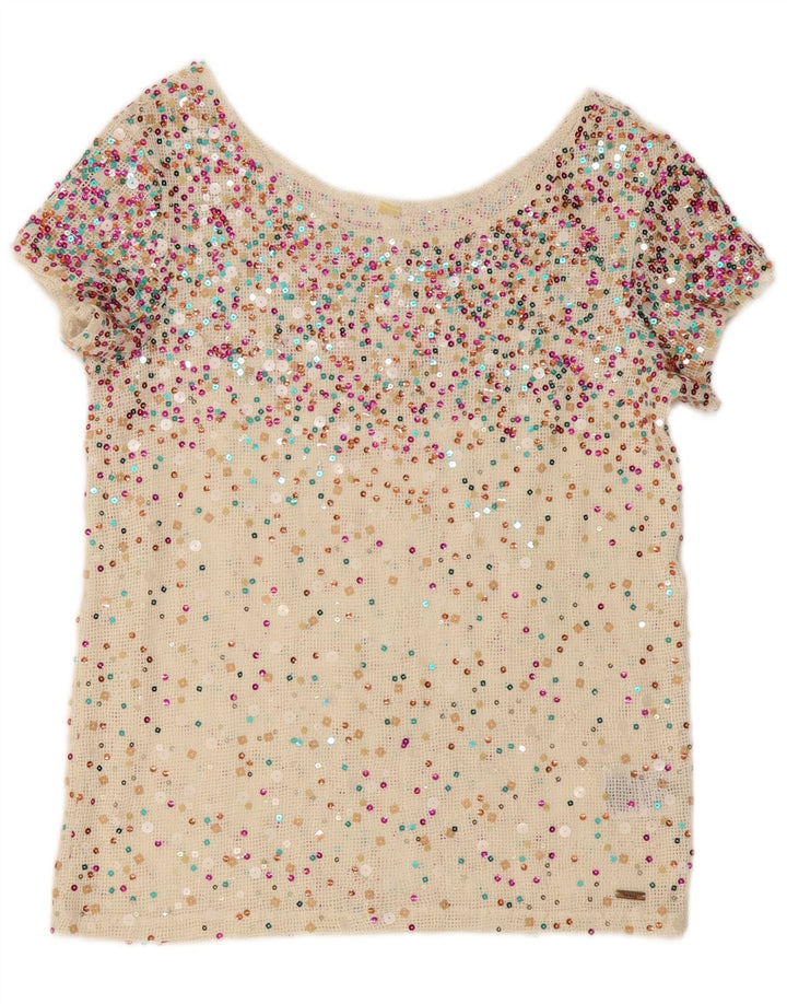 GUESS Womens Sequin Crochet Blouse Top UK 10 Small Off White Polyester