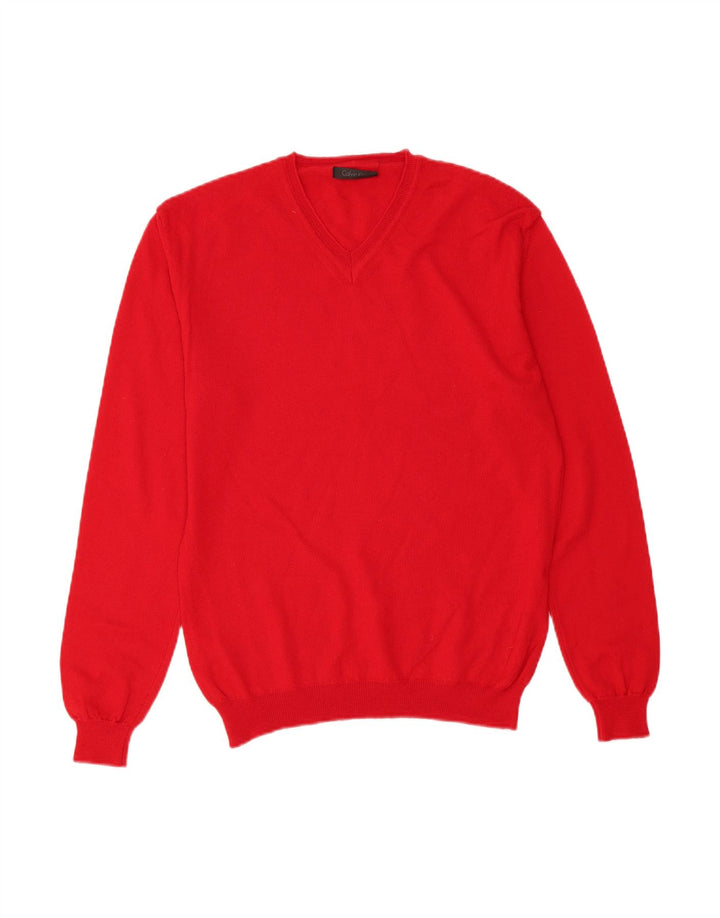 CALVIN KLEIN Mens V-Neck Jumper Sweater Small Red Wool