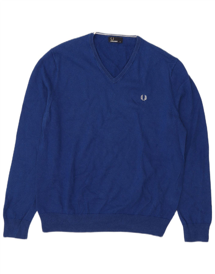 Fred Perry Mens V-Neck Jumper Sweater XL Blue Wool