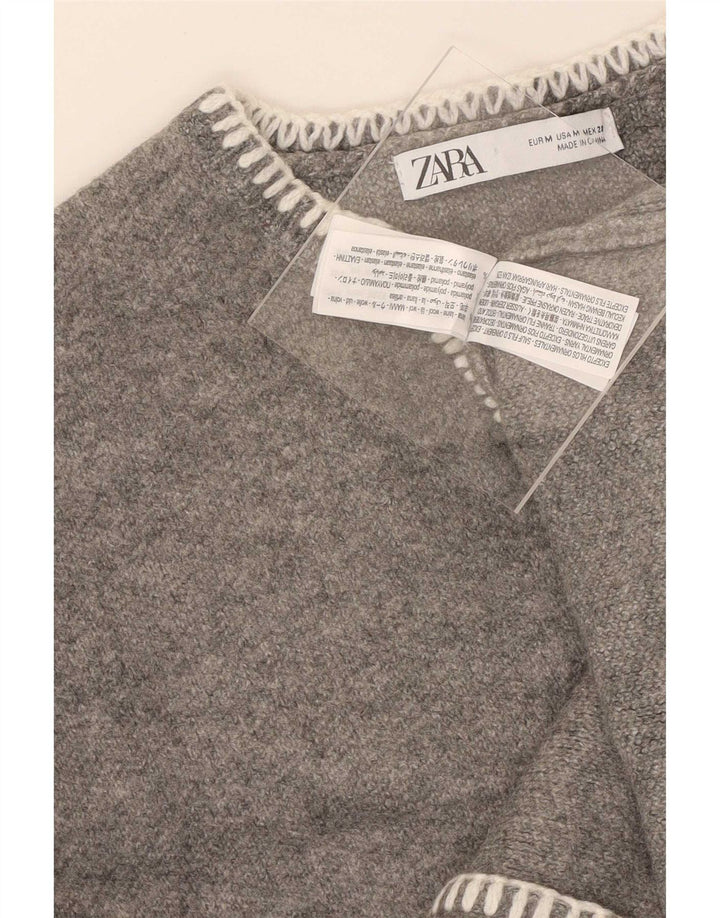 Zara Womens Crop Oversized V-Neck Jumper Sweater UK 12 Medium Grey Wool