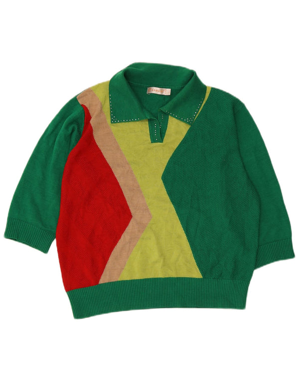 Vintage Womens Polo Neck Jumper Sweater UK 14 Large Green Colourblock