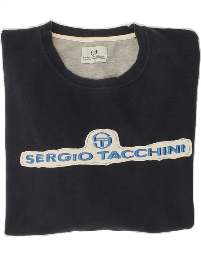 SERGIO TACCHINI Womens Graphic Sweatshirt Jumper 2XL Navy Blue Cotton Vintage Sergio Tacchini and Second-Hand Sergio Tacchini from Messina Hembry 