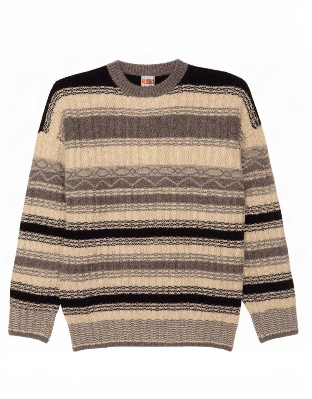 Vintage Mens Crew Neck Jumper Sweater Large Grey Striped