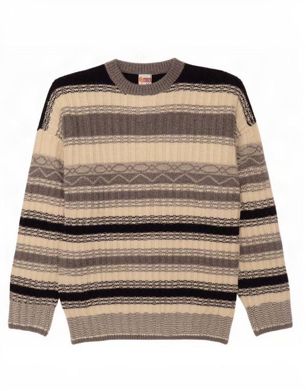 Vintage Mens Crew Neck Jumper Sweater Large Grey Striped