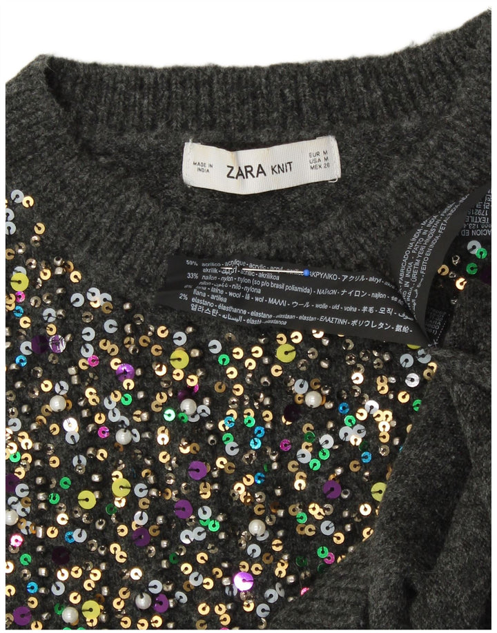 ZARA Womens Crop Crew Neck Jumper Sweater UK 14 Medium Grey Spotted