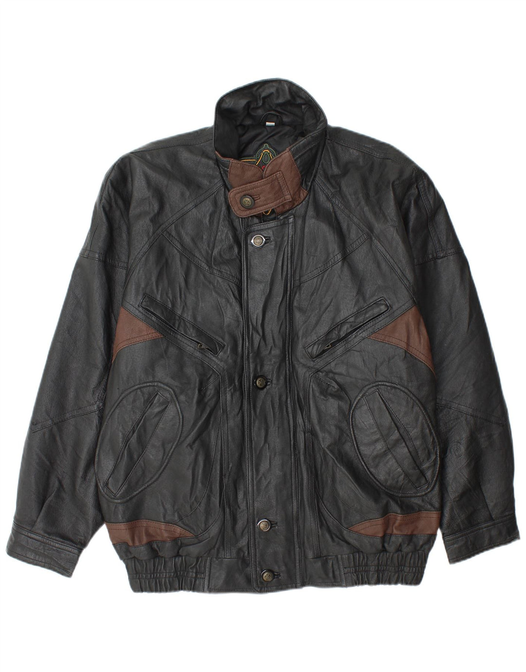 Vintage Mens Leather Jacket IT 52 XL Black Colourblock Leather