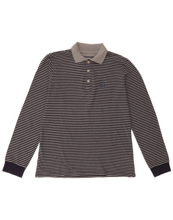 Sergio Tacchini Mens Long Sleeve Polo Shirt XL Navy Blue Striped Cotton