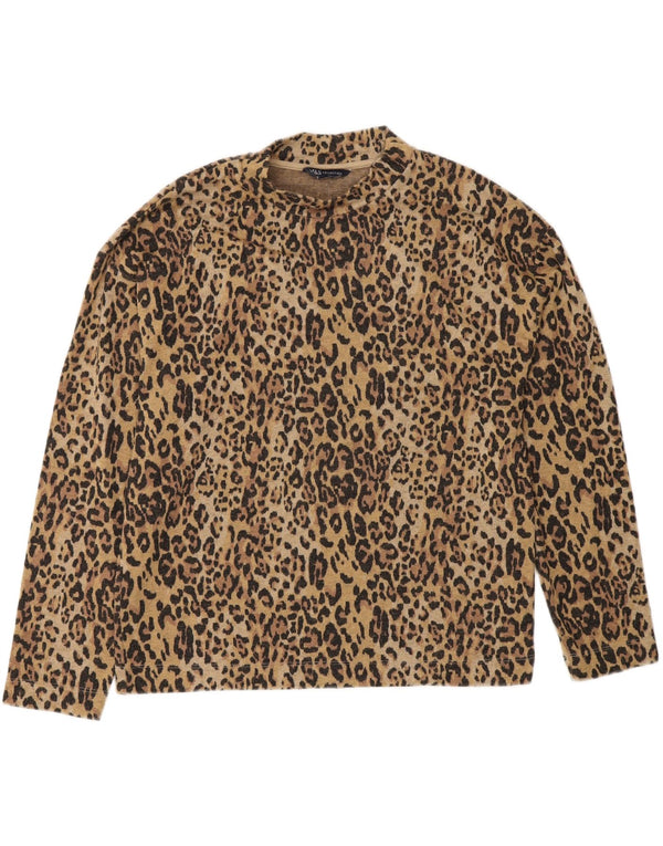 Marks & Spencer Womens Top Long Sleeve UK 10 Small Brown Animal Print