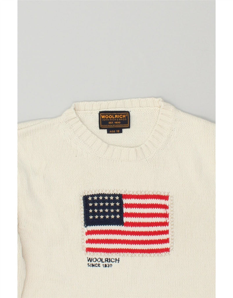 WOOLRICH Boys Graphic Crew Neck Jumper Sweater 11-12 Years Off White Vintage Woolrich and Second-Hand Woolrich from Messina Hembry 