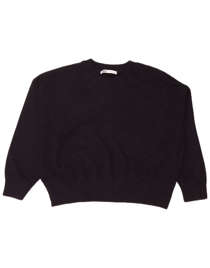 Zara Womens Crop Oversized Sweatshirt Jumper UK 16 Large Navy Blue Viscose