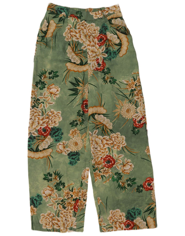 Zara Womens Wide Leg Casual Trousers Small W26 L30 Green Floral Polyester