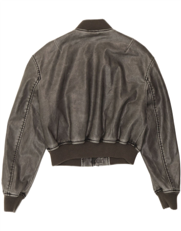 Zara Womens Oversized Faux Leather Bomber Jacket UK 6 XS Grey Polyurethane