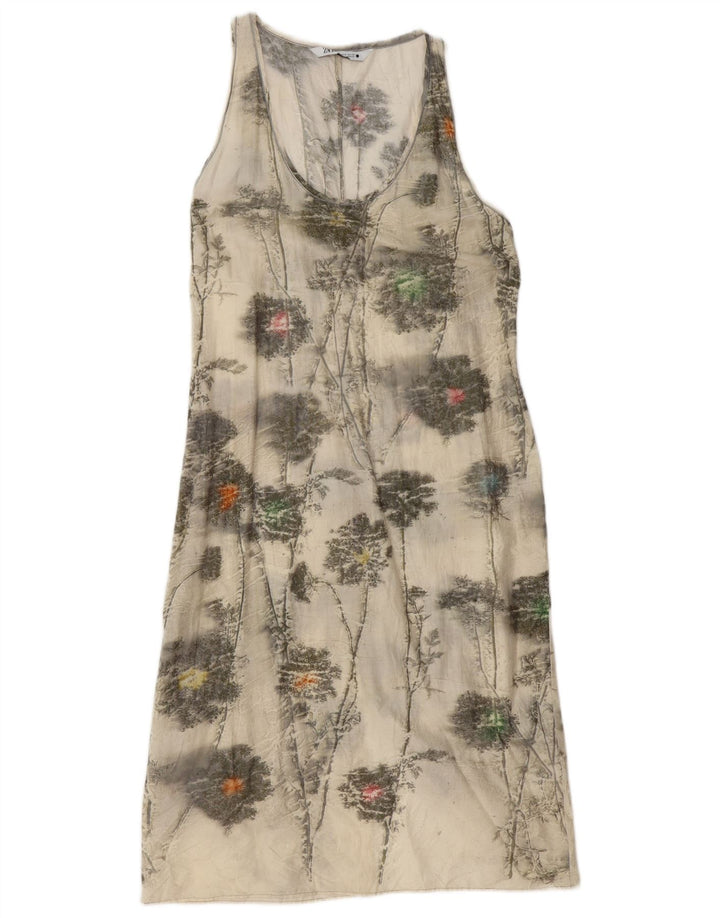Zara Womens Sleeveless Basic Dress UK 12 Medium Off White Floral Cotton