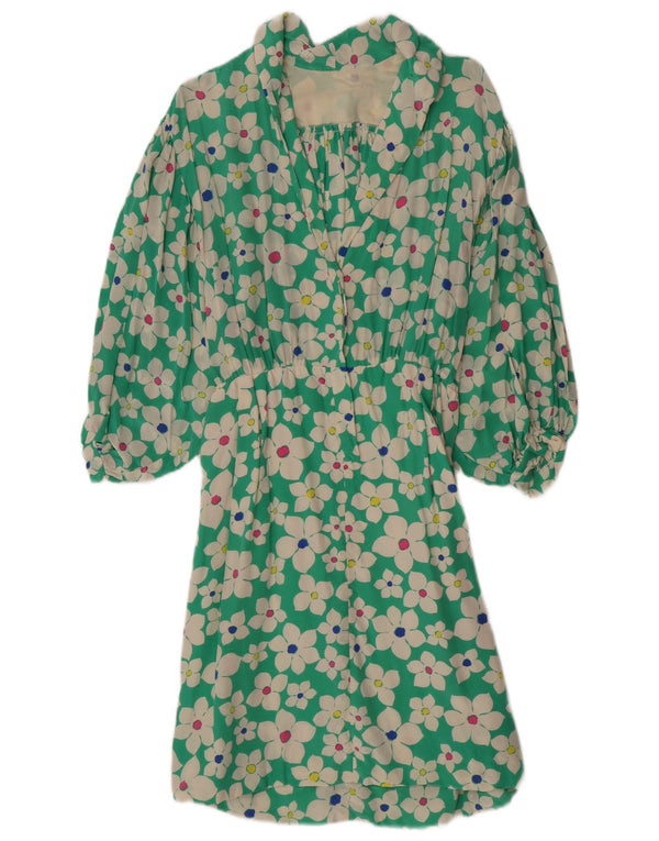 Vintage Womens 3/4 Sleeve A-Line Dress UK 4 XS Green Floral