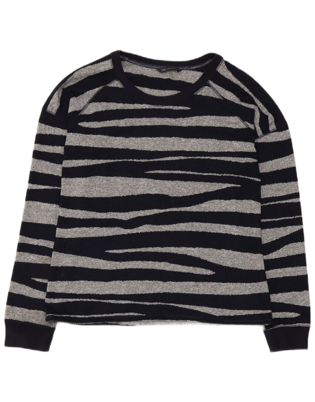 Marks & Spencer Womens Top Long Sleeve UK 12 Medium Navy Blue Striped