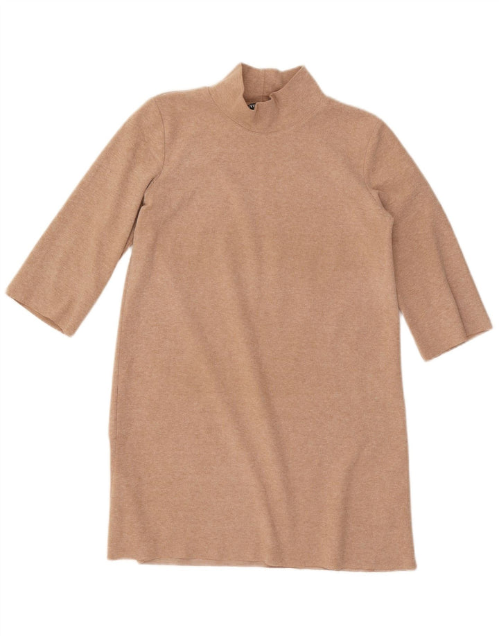 Zara Womens 3/4 Sleeve Shift Dress UK 10 Small Beige Polyester