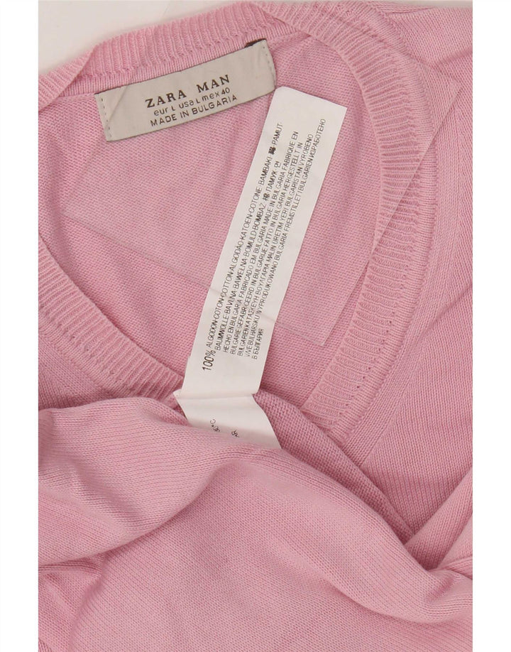 Zara Mens V-Neck Jumper Sweater Large Pink Cotton