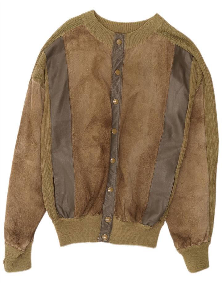 Vintage Mens Suede Bomber Jacket UK 38 Medium Khaki Colourblock Leather