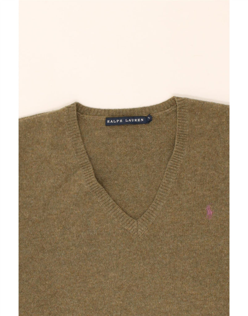 RALPH LAUREN Womens V-Neck Jumper Sweater UK 16 Large Khaki Wool | Vintage Ralph Lauren | Thrift | Second-Hand Ralph Lauren | Used Clothing | Messina Hembry 