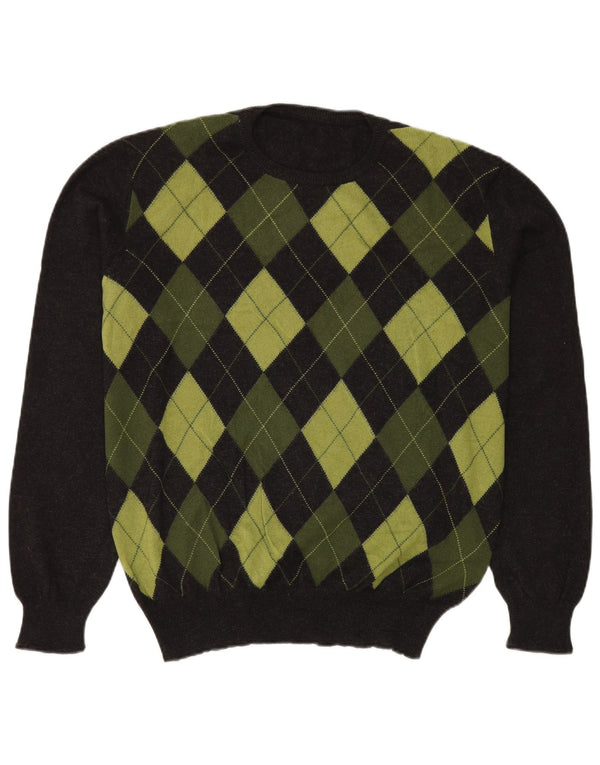 Vintage Mens Crew Neck Jumper Sweater IT 54 XL Black Argyle/Diamond