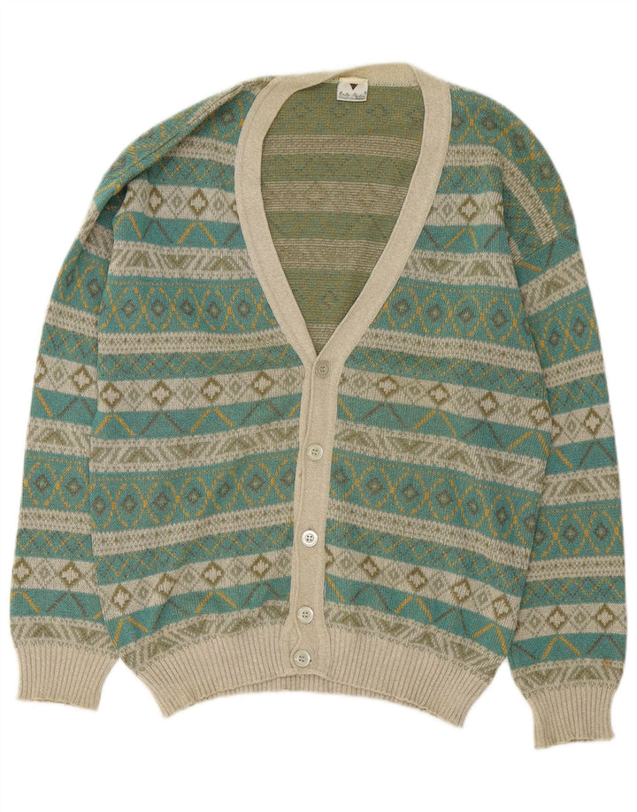VINTAGE Mens Cardigan Sweater Medium Green Fair Isle