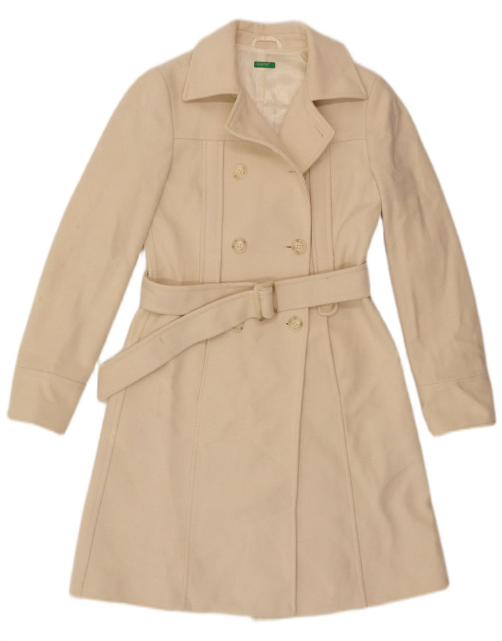 Benetton Womens Double Breasted Coat IT 40 Small Beige Wool