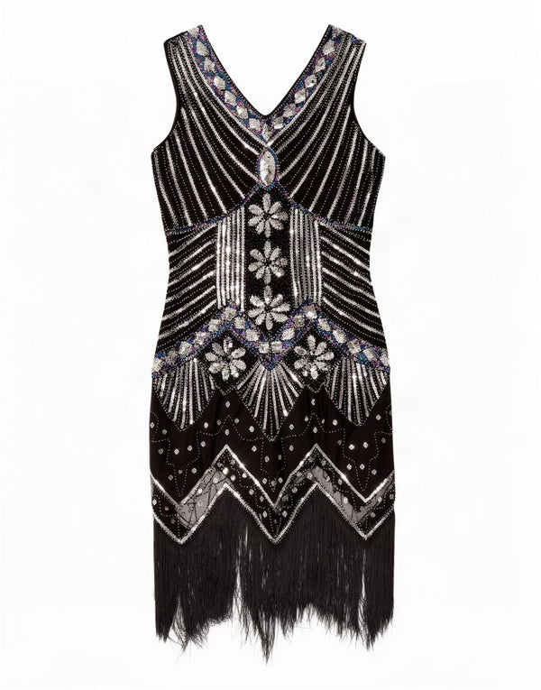 Vintage Womens Sleeveless Sequin Charleston Dress UK 18 XL Black Geometric
