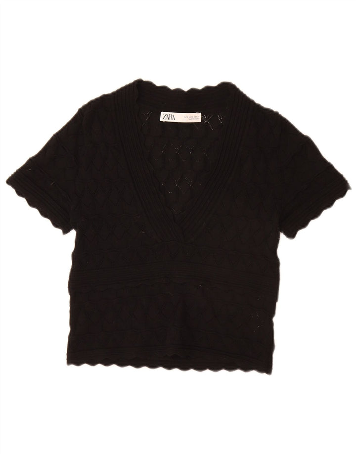 Zara Womens Crop Blouse Top UK 10 Small Black Viscose