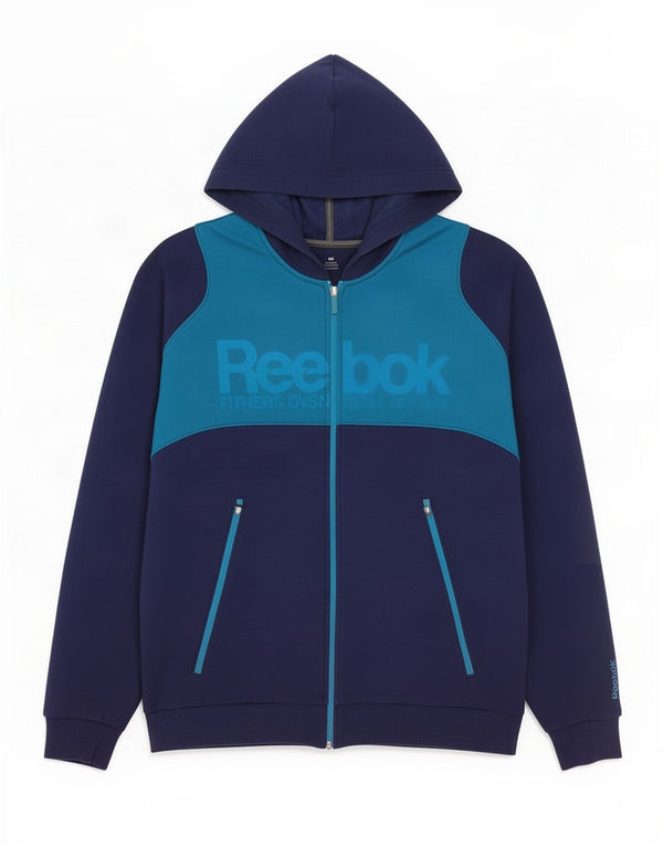 Reebok Mens Graphic Zip Hoodie Sweater Large Navy Blue Colourblock Cotton