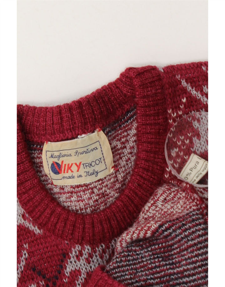 Viky Tricot Mens Crew Neck Jumper Sweater Small Red Geometric Virgin Wool