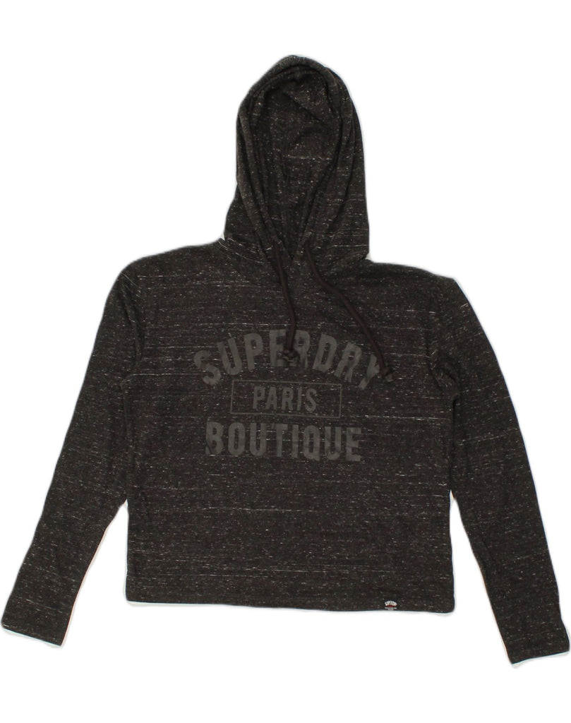 SUPERDRY Womens Oversized Crop Hoodie Jumper UK 6 XS Black Flecked Cotton | Vintage Superdry | Thrift | Second-Hand Superdry | Used Clothing | Messina Hembry 