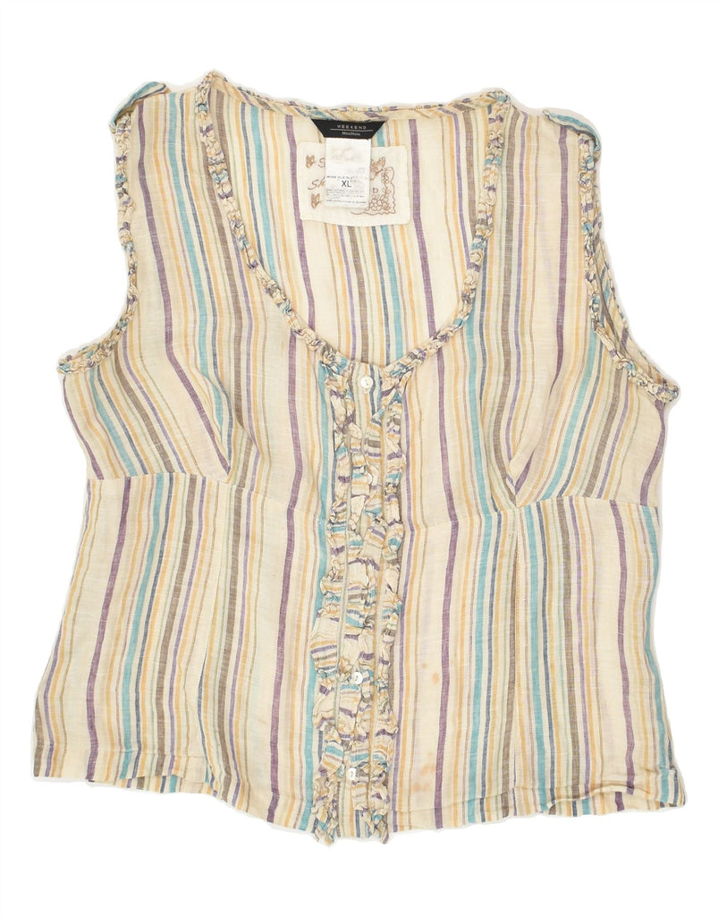 MAX MARA Womens Sleeveless Shirt Blouse UK 18 XL Beige Striped Linen | Vintage Max Mara | Thrift | Second-Hand Max Mara | Used Clothing | Messina Hembry 