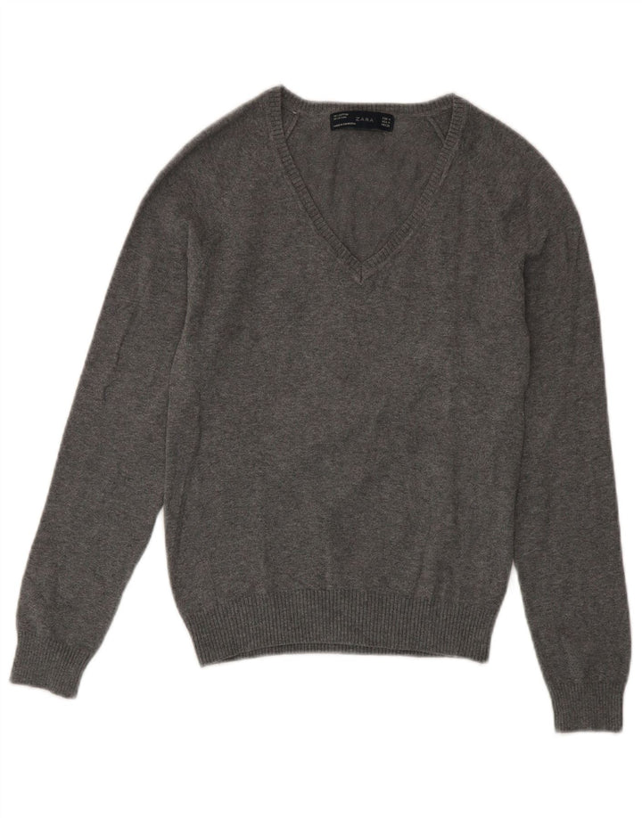 Zara Womens V-Neck Jumper Sweater UK 12 Medium Grey Cotton