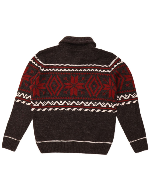 Vintage Mens Shawl Neck Jumper Sweater Medium Grey Fair Isle