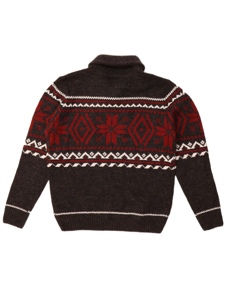 Vintage Mens Shawl Neck Jumper Sweater Medium Grey Fair Isle