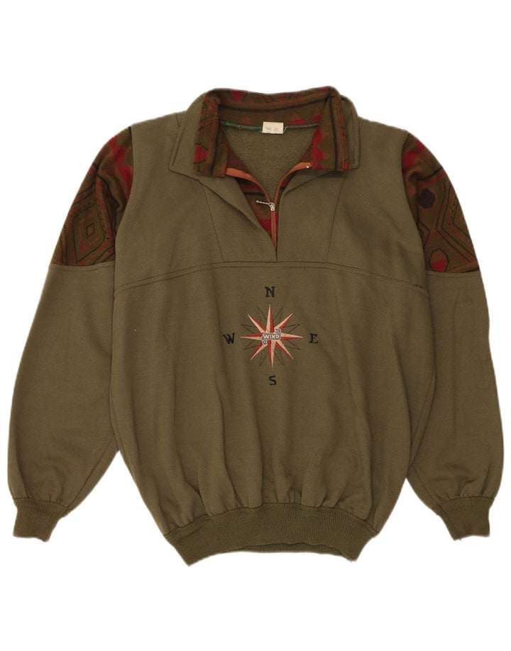 Vintage Mens Graphic Zip Neck Sweatshirt Jumper Large Khaki Geometric