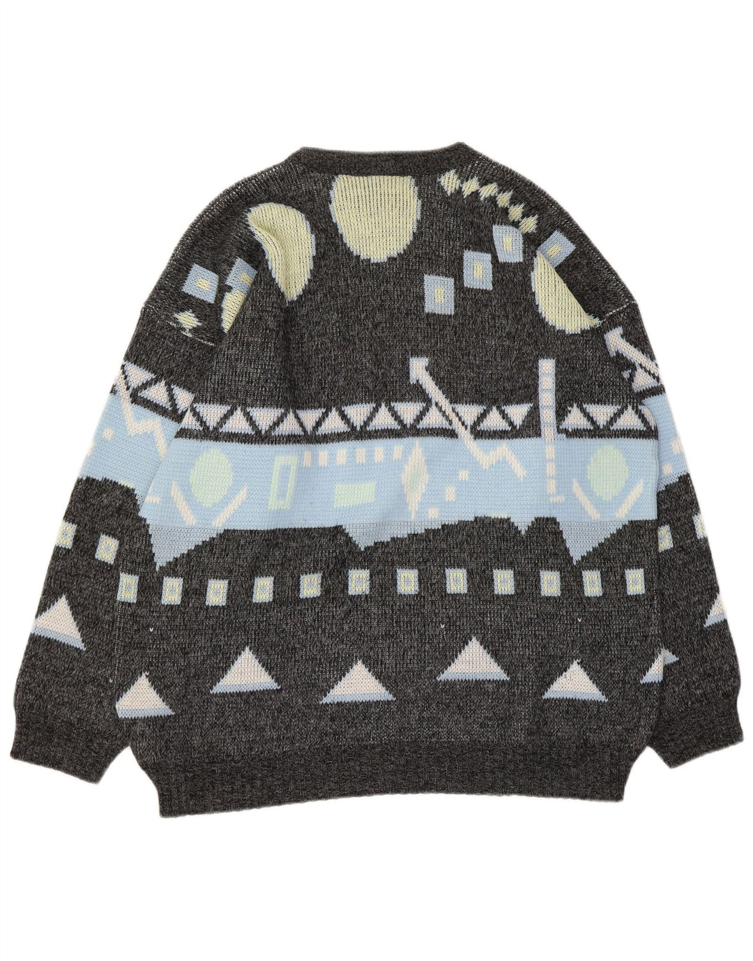 Vintage Mens Crew Neck Jumper Sweater Large Grey Geometric