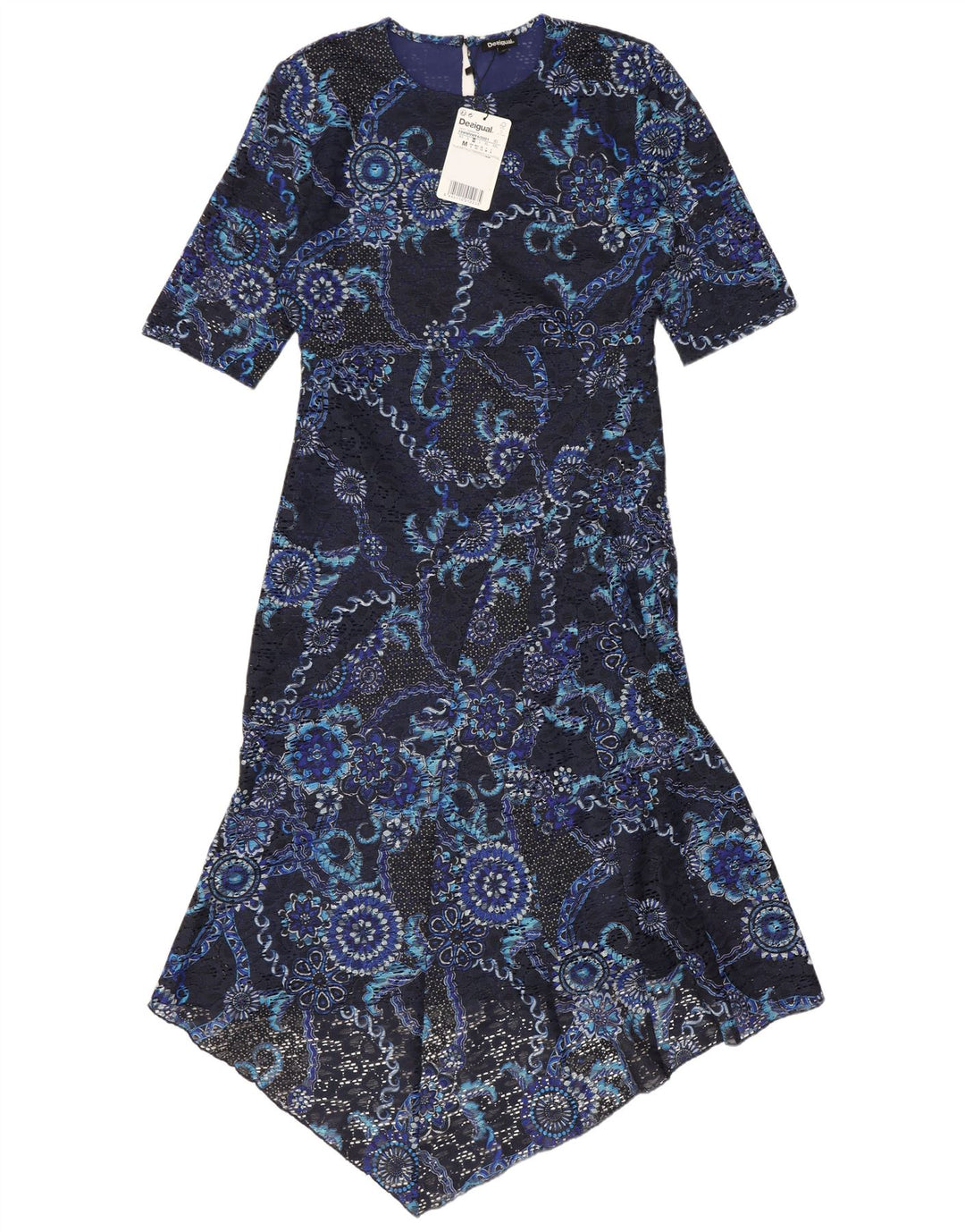 Desigual Womens Lace Asymmetrical Dress UK 12 Medium Navy Blue Floral