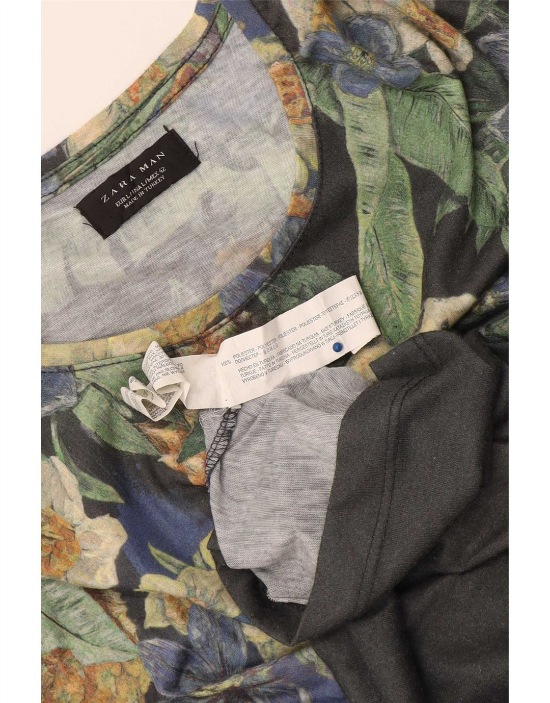 Zara Mens Graphic T-Shirt Top Large Grey Floral Polyester