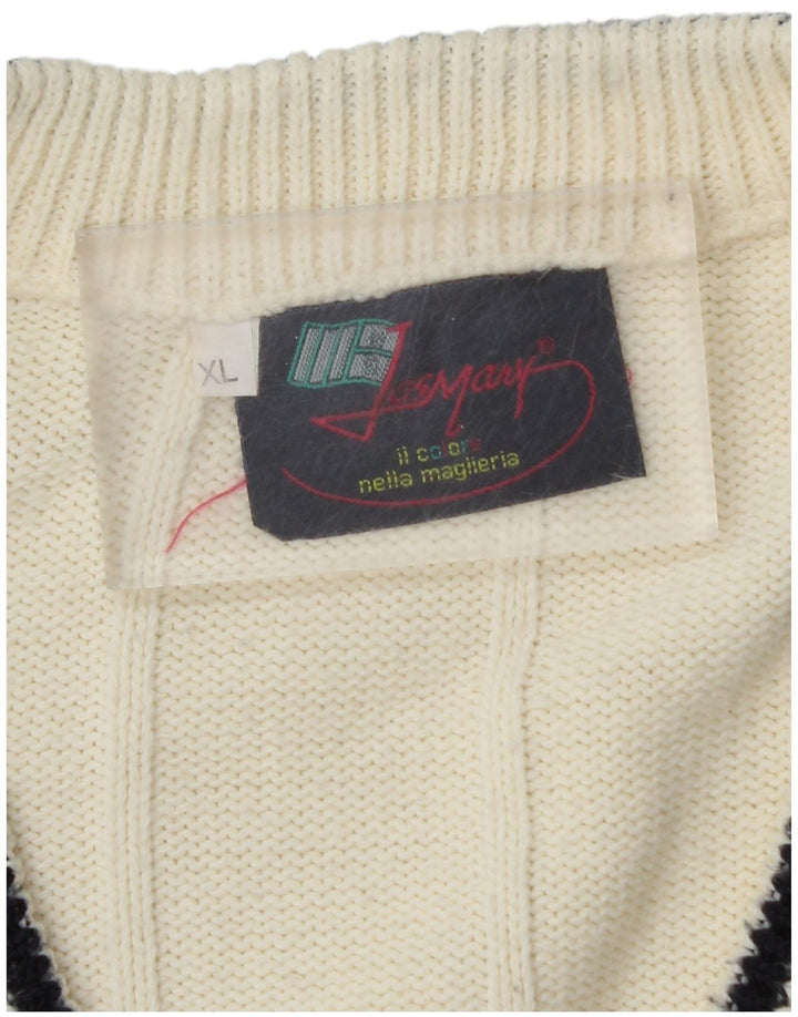 VINTAGE Mens V-Neck Jumper Sweater XL White Fair Isle