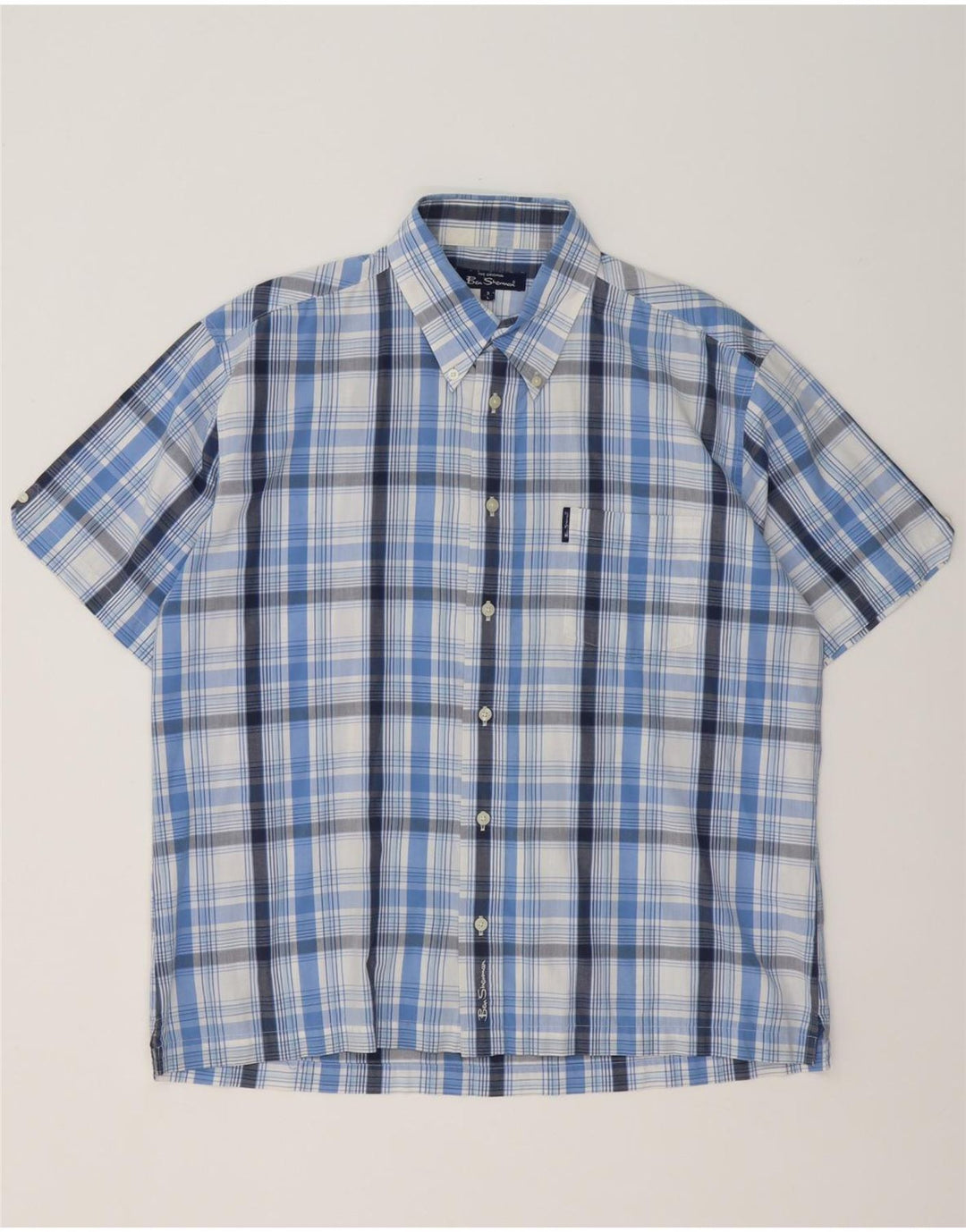 Ben Sherman Mens Short Sleeve Shirt Large Blue Check Cotton