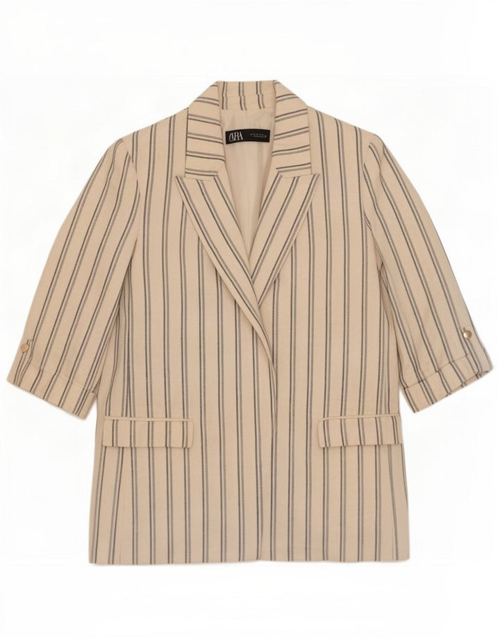 Zara Womens 3/4 Sleeve Blazer Jacket UK 10 Small Off White Striped