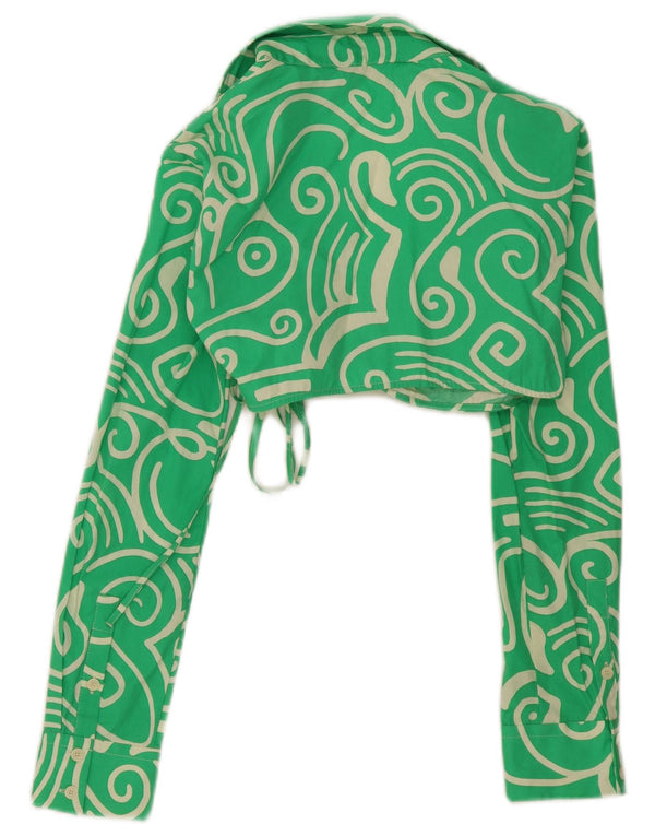 Zara Womens Wrap Long Sleeve Crop Top UK 6 XS Green Geometric Cotton