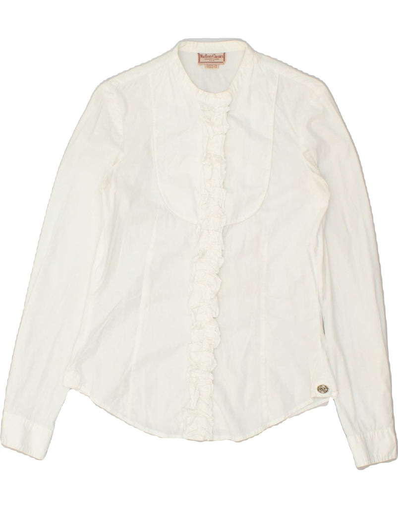 MARLBORO CLASSICS Womens Ruffle Front Shirt EU 38 Medium White Cotton | Vintage Marlboro Classics | Thrift | Second-Hand Marlboro Classics | Used Clothing | Messina Hembry 