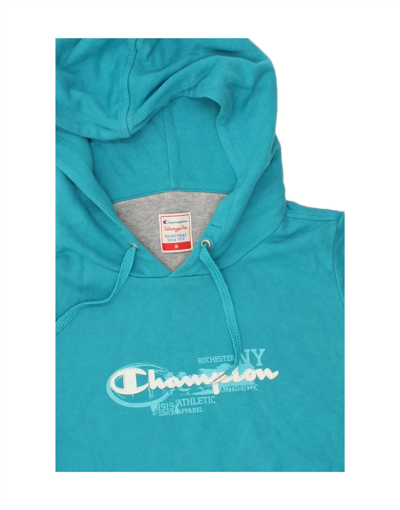 CHAMPION Womens Heritage Fit Graphic Hoodie Jumper UK 14 Medium Turquoise | Vintage Champion | Thrift | Second-Hand Champion | Used Clothing | Messina Hembry 