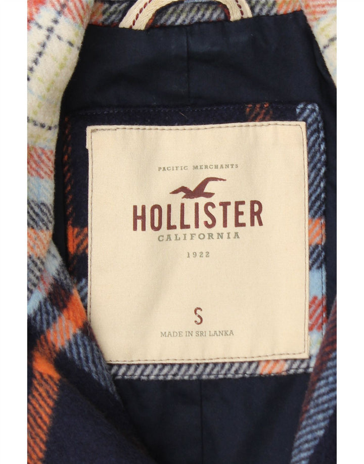 Hollister Womens Crop Bomber Jacket UK 10 Small Navy Blue Plaid Wool